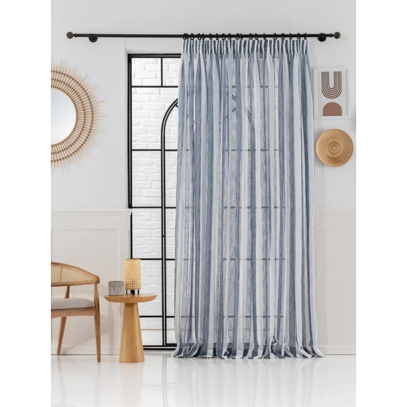 Полупрозрачно перде с вертикални райета в синьо и бяло-2