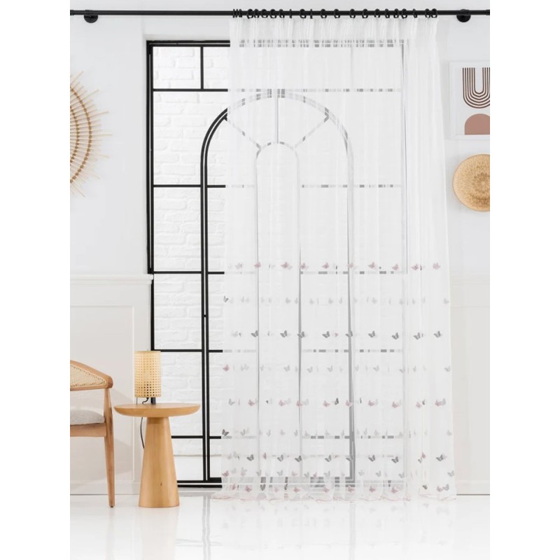 Прозрачно перде с бродирани пеперуди в розово и сиво-4